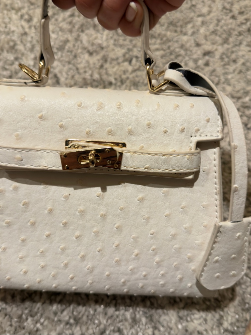 White ostrich embossed mini top handle bag kelly inspired crossover purse